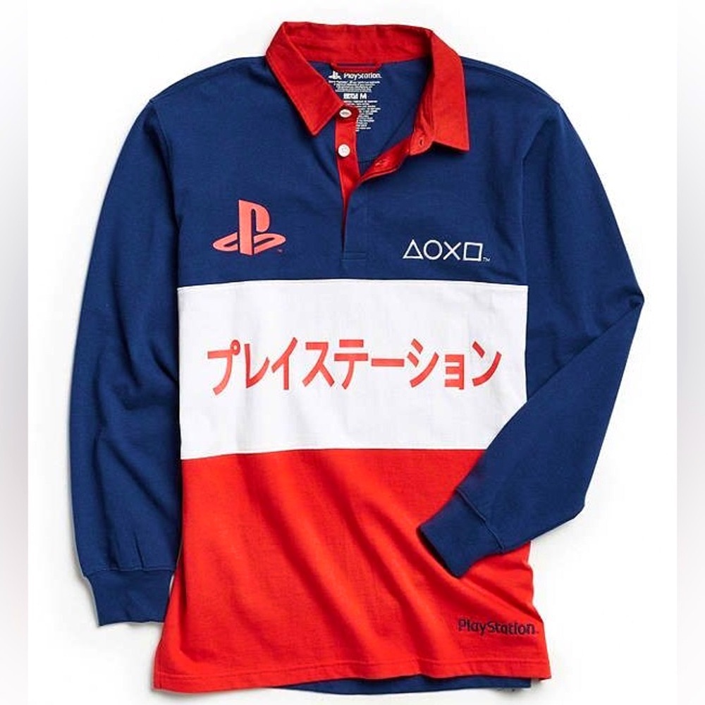 Y2K Retro Japanese PlayStation Polo Long Sleeve Shirt Red White Blue Colorblock